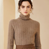 Womens Ribbed Knit Cashmere Sweater Pile Collar Cashmere Pullover Taupe XS