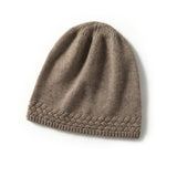 Womens Braided Cashmere Beanie Cashmere Cable Knit Hat Ribbing Edge Taupe M