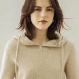 Womens Ribbed Cashmere Hoodie Buttoned Neckline Cashmere Hoody Beige XS