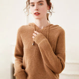 Womens Waffle Knit Cashmere Hoodie Long Sleeve Cashmere Sweater Hoody Camel XS