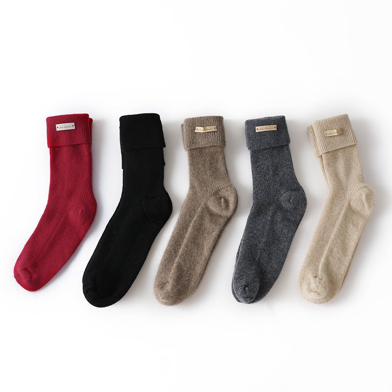 Cashmere Ribbed Crew Socks Warm Fluffy Mid - Calf Cashmere Socks Beige M