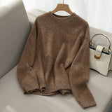 Soft Fuzzy Cashmere Sweater Crew Neck Cashmere Pullover Tops For Women Taupe XS