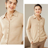 Womens Classic Button - Up Lapel Neck Cashmere Cardigan Ribbed Cuffs Beige XS