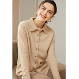 Womens Classic Button - Up Lapel Neck Cashmere Cardigan Ribbed Cuffs Beige XS