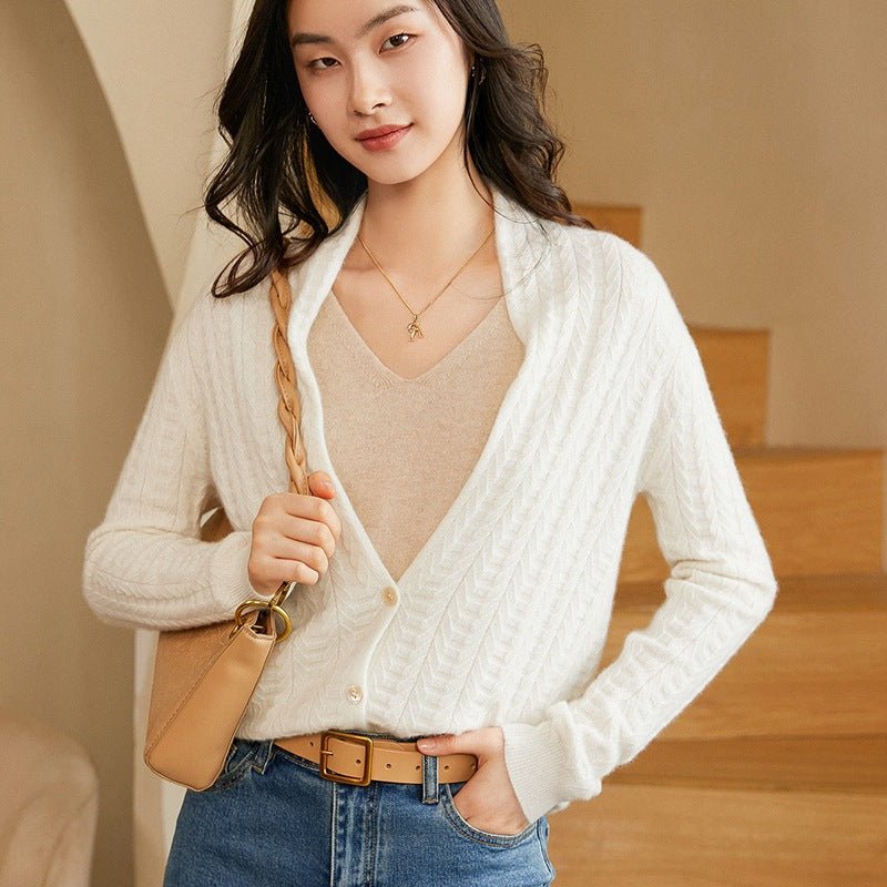 Womens V - Neck Cable Knit Cashmere Cardigan With Button Closure White XS