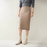 Lady Cashmere Knit Midi Skirt High Waist Textured Ribbed Sheath Dress Taupe XS