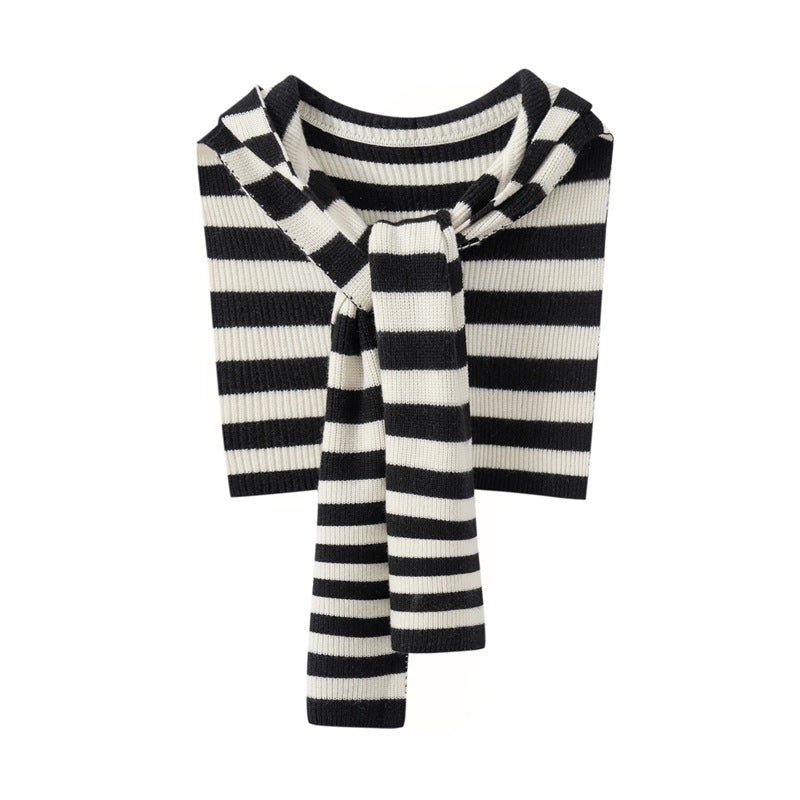 Womens Striped Cashmere Hooded Scarf Cashmere Knit Wrap with Hoodie Black M