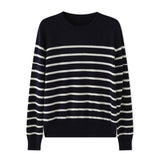 Womens Striped Cashmere Sweater Crew Neck Cashmere Jumper Pullover Navy Blue XS