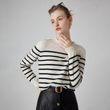 Womens Striped Cashmere Sweater Crew Neck Cashmere Jumper Pullover Ivory XS