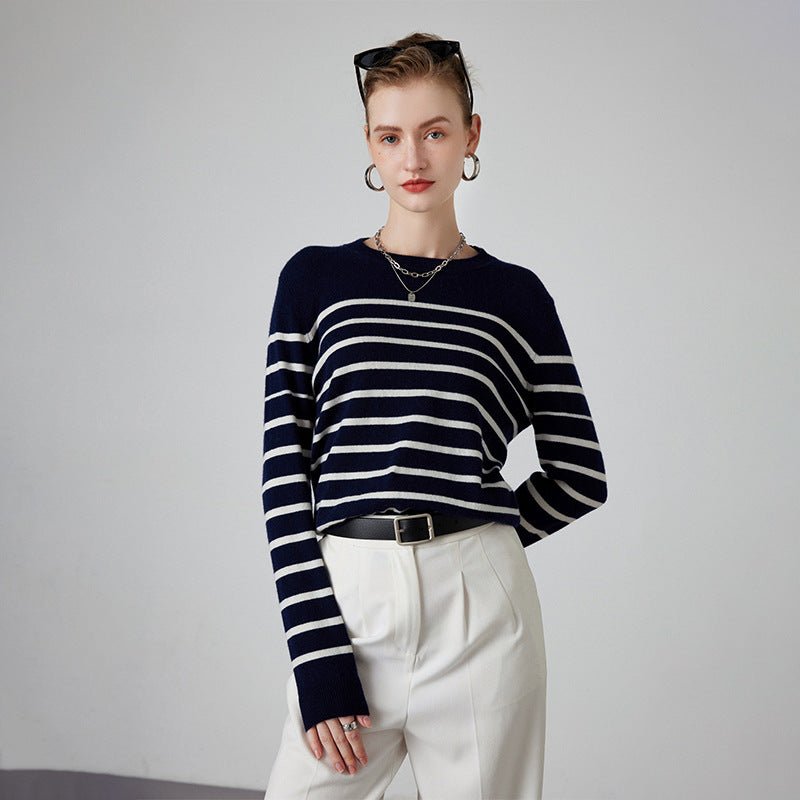 Womens Striped Cashmere Sweater Crew Neck Cashmere Jumper Pullover Navy Blue XS