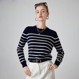 Womens Striped Cashmere Sweater Crew Neck Cashmere Jumper Pullover Navy Blue XS