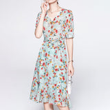 Women's Summer Silk Floral Dress V Neck Guest Party Silk Midi Dress Light Green S