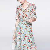 Women's Summer Silk Floral Dress V Neck Guest Party Silk Midi Dress Light Green S