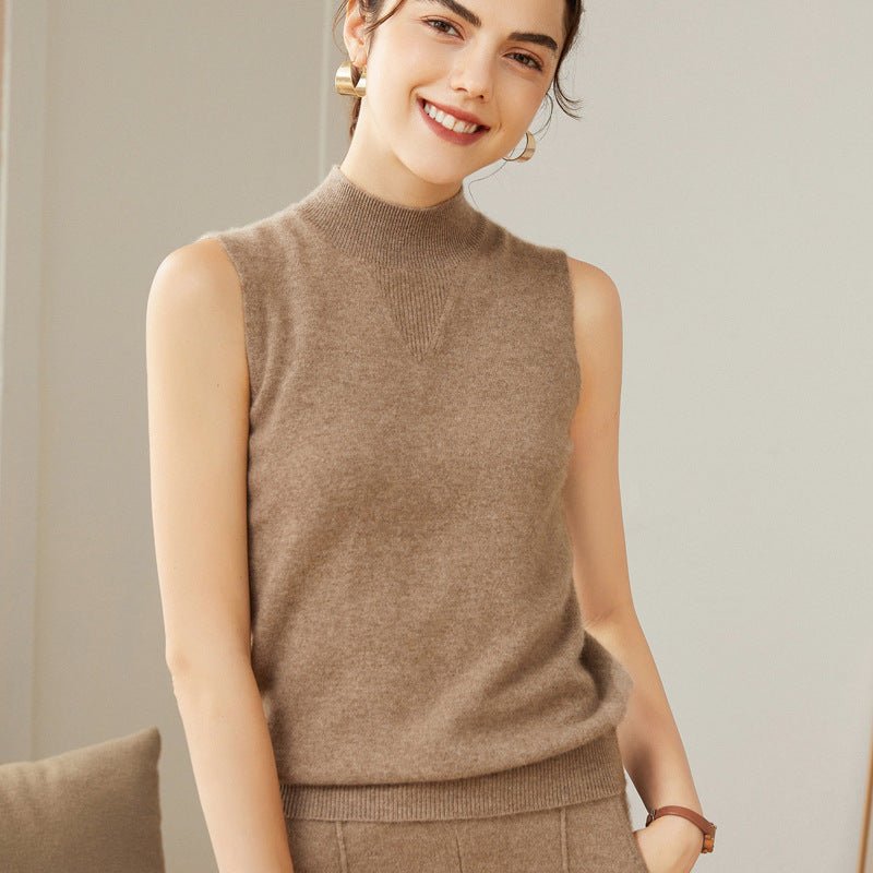 Womens Cashmere Sleeveless Mock Neck Sweater Cashmere Tank Taupe XS