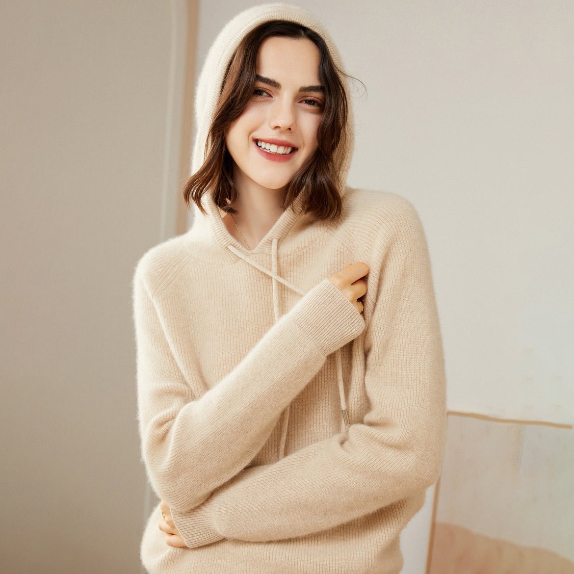 Womens Pure Cashmere Hoodie With Ribbed Cuffs 100% Cashmere Hoody Top Beige XS