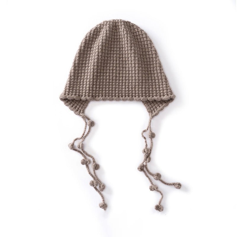 Womens Tassel Tie Cashmere Knit Hat Cashmere Beanie Dangling Ties Taupe M