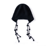 Womens Tassel Tie Cashmere Knit Hat Cashmere Beanie Dangling Ties Black M