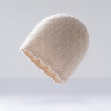 Womens Textured Knit Cashmere Beanie Patterned Pure Cashmere Cap Scalloped Edge Beige M