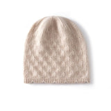 Womens Textured Knit Cashmere Beanie Patterned Pure Cashmere Cap Scalloped Edge Beige M