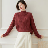 Womens Diamond Knit Turtleneck Long Sleeve Cashmere Sweater Red XS