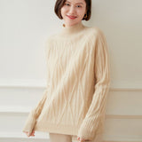 Womens Diamond Knit Turtleneck Long Sleeve Cashmere Sweater Beige XS