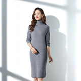 Womens Cashmere Knit Turtleneck Dress Long Sleeve Bodycon Midi Dresses Gray XS