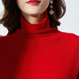 Womens Cashmere Knit Turtleneck Dress Long Sleeve Bodycon Midi Dresses Red XS