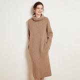 Womens Cashmere Knit Midi Dress Long Sleeve Cowl Neck Turtleneck Dress Taupe XS
