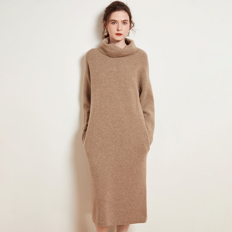 Womens Cashmere Knit Midi Dress Long Sleeve Cowl Neck Turtleneck Dress Taupe XS