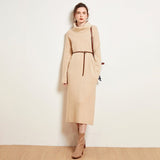 Womens Cashmere Knit Midi Dress Long Sleeve Cowl Neck Turtleneck Dress Beige XS
