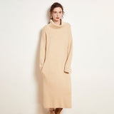 Womens Cashmere Knit Midi Dress Long Sleeve Cowl Neck Turtleneck Dress Beige XS