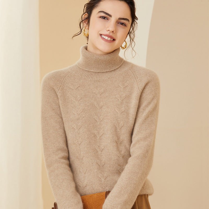 Womens Turtleneck Cashmere Sweater Long Sleeve Warm Cashmere Pullover Beige XS