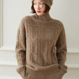 Womens Cable Knit Mock Neck Long Sleeve Cashmere Sweater Taupe XS