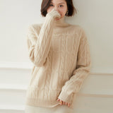 Womens Cable Knit Mock Neck Long Sleeve Cashmere Sweater Beige XS