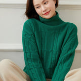 Womens Cable Knit Mock Neck Long Sleeve Cashmere Sweater Green XS
