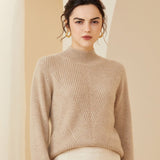 Womens Cashmere Mock Neck Sweater With Chevron Ribbed Detailing Beige XS