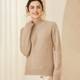Womens Cashmere Mock Neck Sweater With Chevron Ribbed Detailing Beige XS