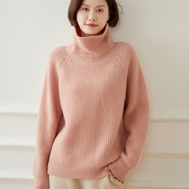Womens Turtleneck Cashmere Sweater Ribbed Pullover Warm Cashmere Tops Pink XS