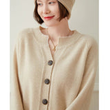 Ladies Crew Neck Cashmere Cardigan Ribbed Trim Button - up Cashmere Coat Beige XS