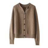 Ladies Crew Neck Cashmere Cardigan Ribbed Trim Button - up Cashmere Coat Taupe XS