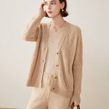 Womens Cable Knit V - Neck Cashmere Cardigan Button - up Sweater Coat Beige XS