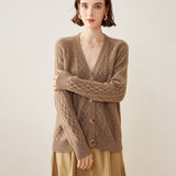Womens Cable Knit V - Neck Cashmere Cardigan Button - up Sweater Coat Taupe XS