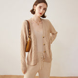 Womens Cable Knit V - Neck Cashmere Cardigan Button - up Sweater Coat Beige XS
