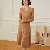Womens Cashmere Ribbed Knit A - Line Dress Long Sleeve V Neck Midi Dress Camel XS