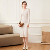 Womens Cashmere Ribbed Knit Midi Dress V Neck Flared Hem Mermaid Dress Beige XS