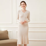 Womens Cashmere Ribbed Knit Midi Dress V Neck Flared Hem Mermaid Dress Beige XS