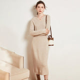 Womens Cashmere Knit Midi Dress Long Sleeve Polo Collar V Neck Dress Apricot XS
