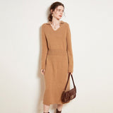 Womens Cashmere Knit Midi Dress Long Sleeve Polo Collar V Neck Dress Camel XS