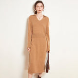 Womens Cashmere Knit Midi Dress Long Sleeve Polo Collar V Neck Dress Camel XS
