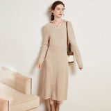 Womens Cashmere Knit Midi Dress Long Sleeve Polo Collar V Neck Dress Apricot XS
